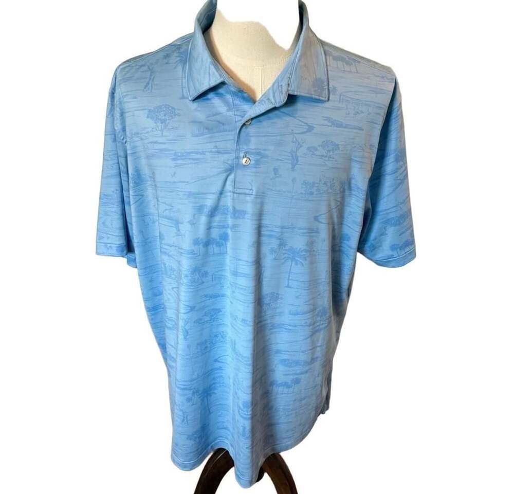 Peter Millar Summer Comfort Polo Size XL Blue Golf Palm Tree Print Shirt
